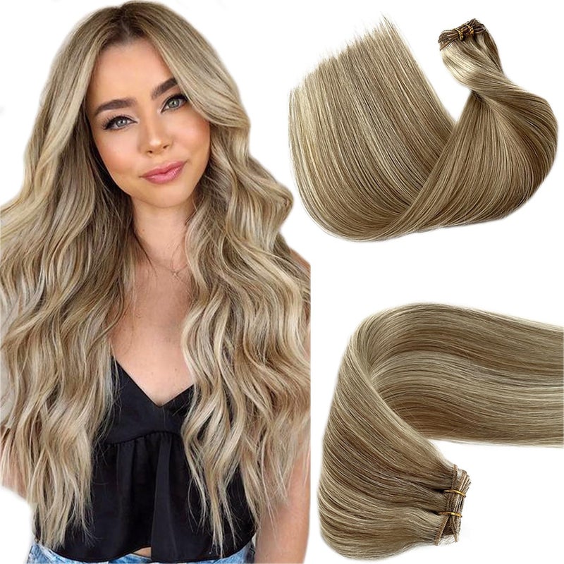 Highlights Hair Wefts Human Hair Remy Hair Bundles 24 120G Seamless Sew in Hair Extensions Real Human Hair Ash Brown to White Blonde Sew in Bundles Human Hair Highlights Weft Hair Extensions